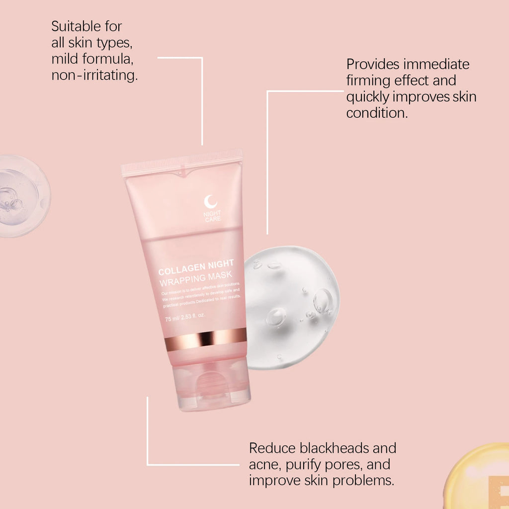 Collagen Night Wrapping Mask Deep Hydrating Firming Brightening Overnight Facial Skin Care Night Wrapping Mask with Brush 75g