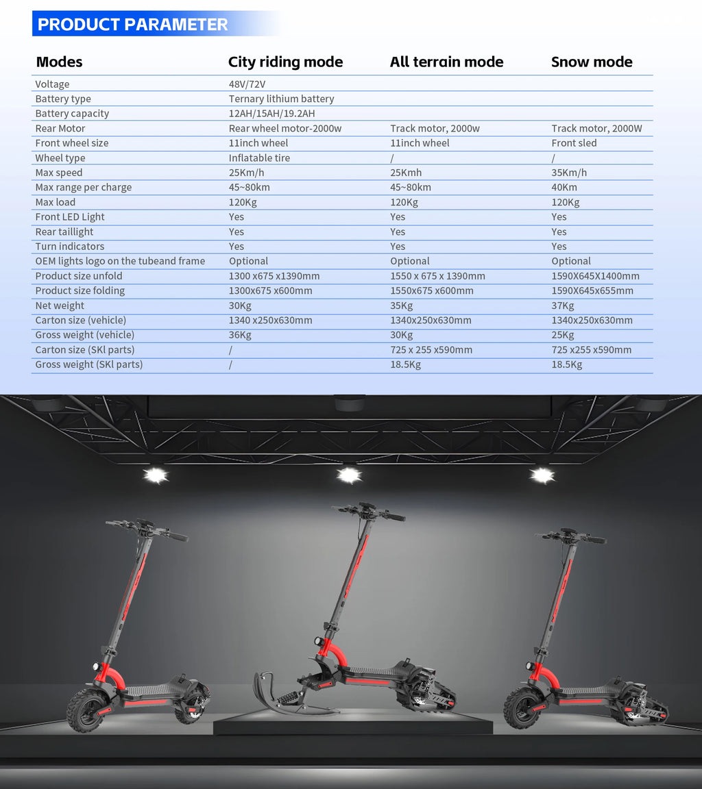 3-in-1(All-Terrain mode+Road mode+Ski mode) Snow Scooter 2000W 48V20Ah Snow Sled E-Scooter Sleigh Wheel Electric Scooter