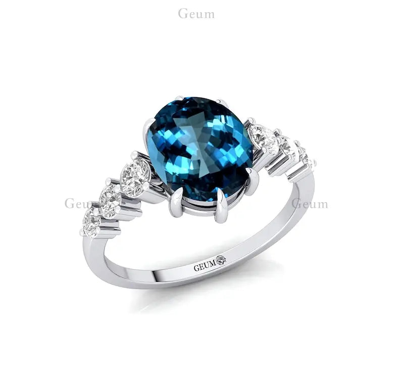 Elegant Design Oval Cut Natural London Blue Topaz Gemstone Cluster Rings in 18k Solid Gold With Real Diamonds Fine Bridal Rings