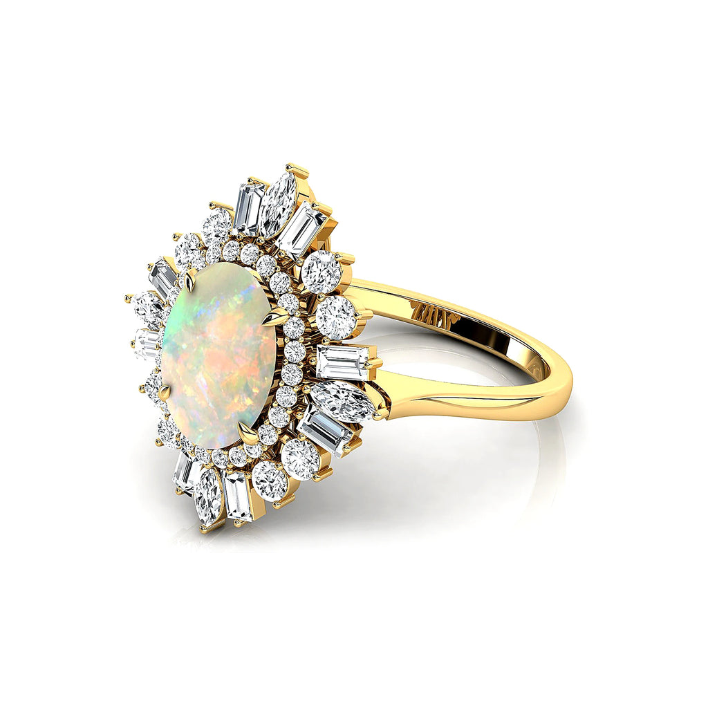 Gorgeous Ethiopian Opal Oval Cut Gemstone Real Diamonds Unique Design Halo Solitaire Rings Solid Gold Rhodium Plated Fine Party