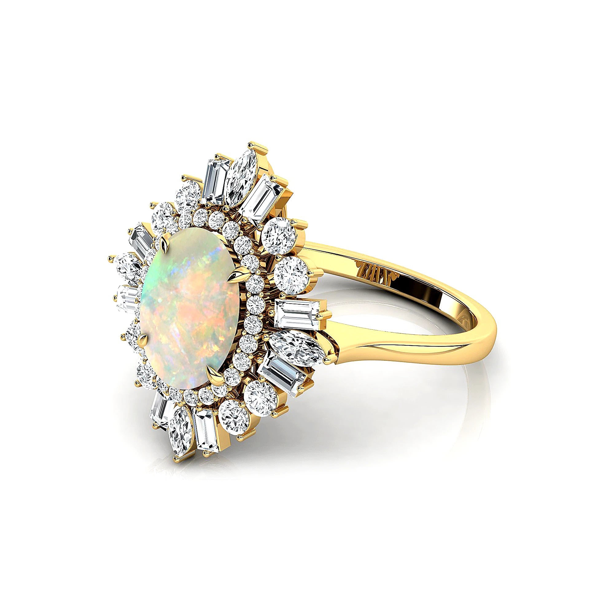 Gorgeous Ethiopian Opal Oval Cut Gemstone Real Diamonds Unique Design Halo Solitaire Rings Solid Gold Rhodium Plated Fine Party