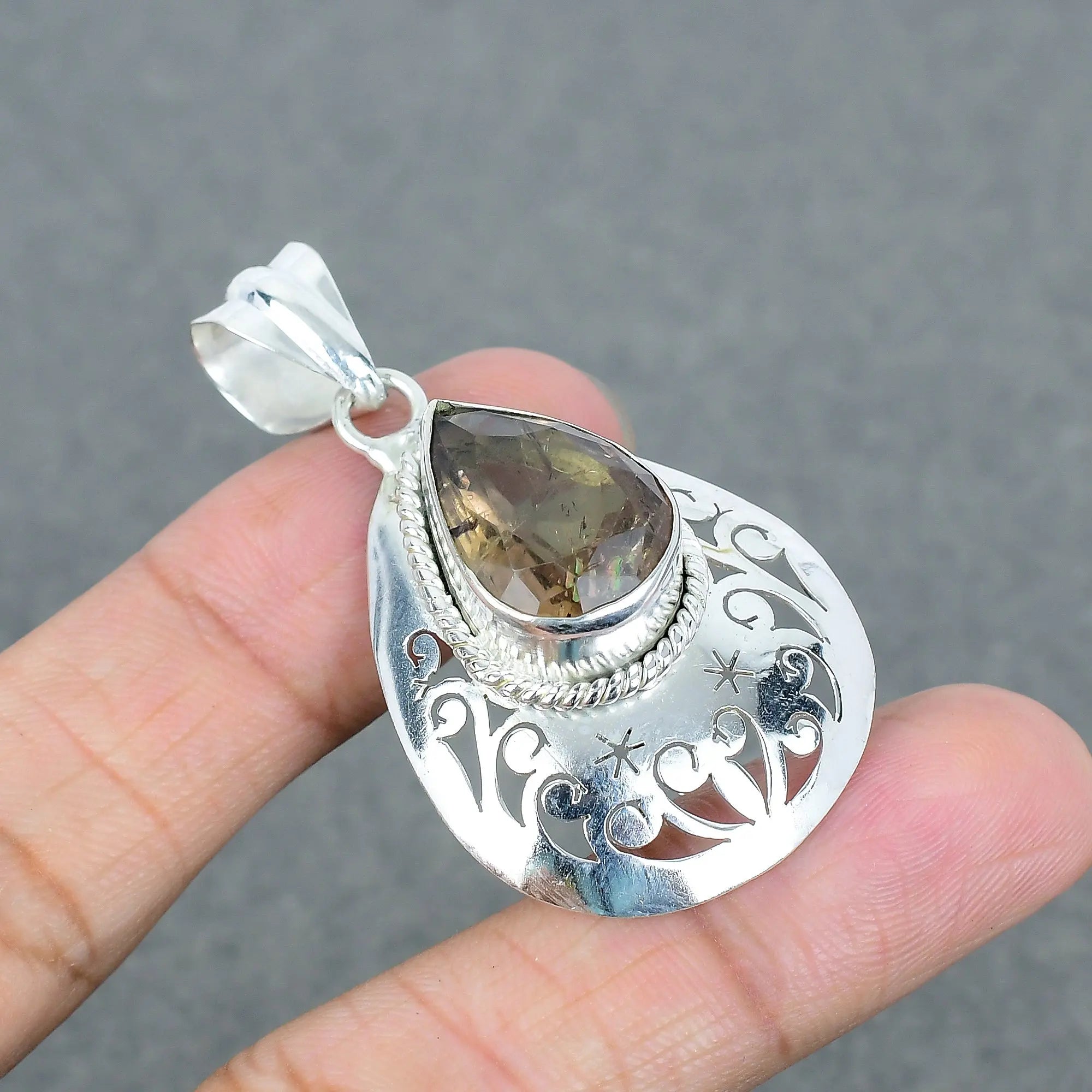 Natural Smoky Quartz Pear Shape Gemstone 925 Silver Plated Brass Pendant Trendy Fashionable Pendant For Women Men