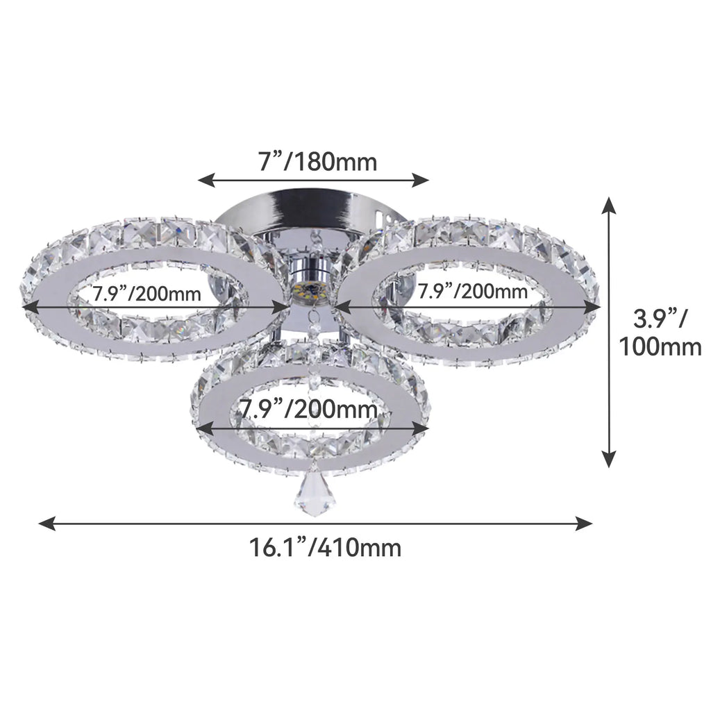 16.1 ''  Modern 3 Rings LED Ceiling Lights Nordic Style K9 Crystal Warm Light Ceiling Light for Living Room