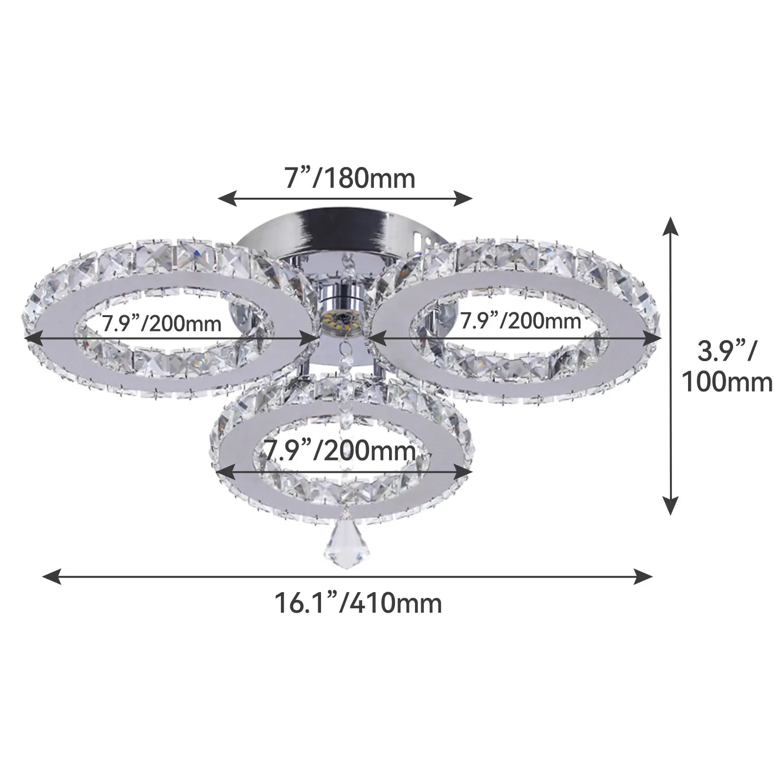 16.1 ''  Modern 3 Rings LED Ceiling Lights Nordic Style K9 Crystal Warm Light Ceiling Light for Living Room