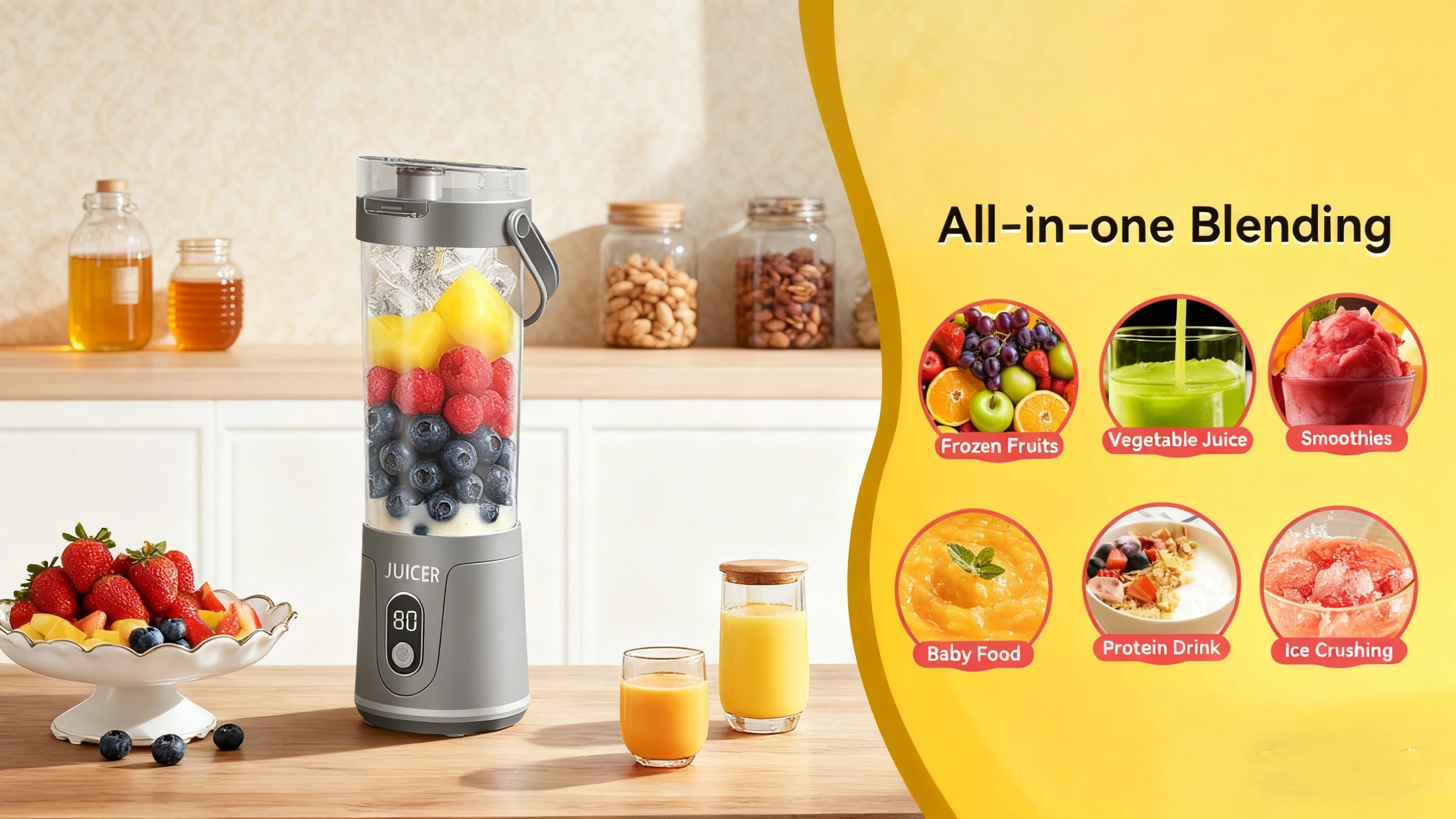 Portable Blender,2 IN 1 Electric Juicer Bottle for Fresh Juice,600ML BPA Free Traveling Juicer Cup and Lid with 12 Blades,Mini B