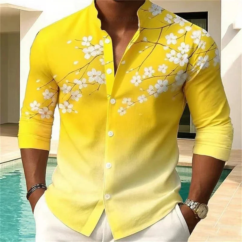 Men's floral print shirt fashion casual outdoor vacation daily spring and autumn Chinese style stand collar shirt pink blue