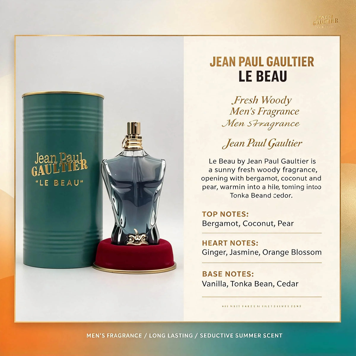 Jean Paul Gaultier Le Beau Eau De Toilette 4.2 oz 125ml | Fresh and Fragrant Wood with Bergamot, Coconut Wood, and Lingxiang Beans | Long Lasting Fragrance for 6-8 Hours, Tropical Milk Sensation, Sunny Vitality | Daily Commut