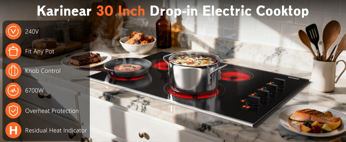 Karinear 2 Burners Electric Cooktop, 120v Plug in Ceramic Cooktop, 12 Inch Countertop & Built-in Electric Stove Top with Child Safety Lock, Timer, Over-Temperature Protection, Sensor Touch Control