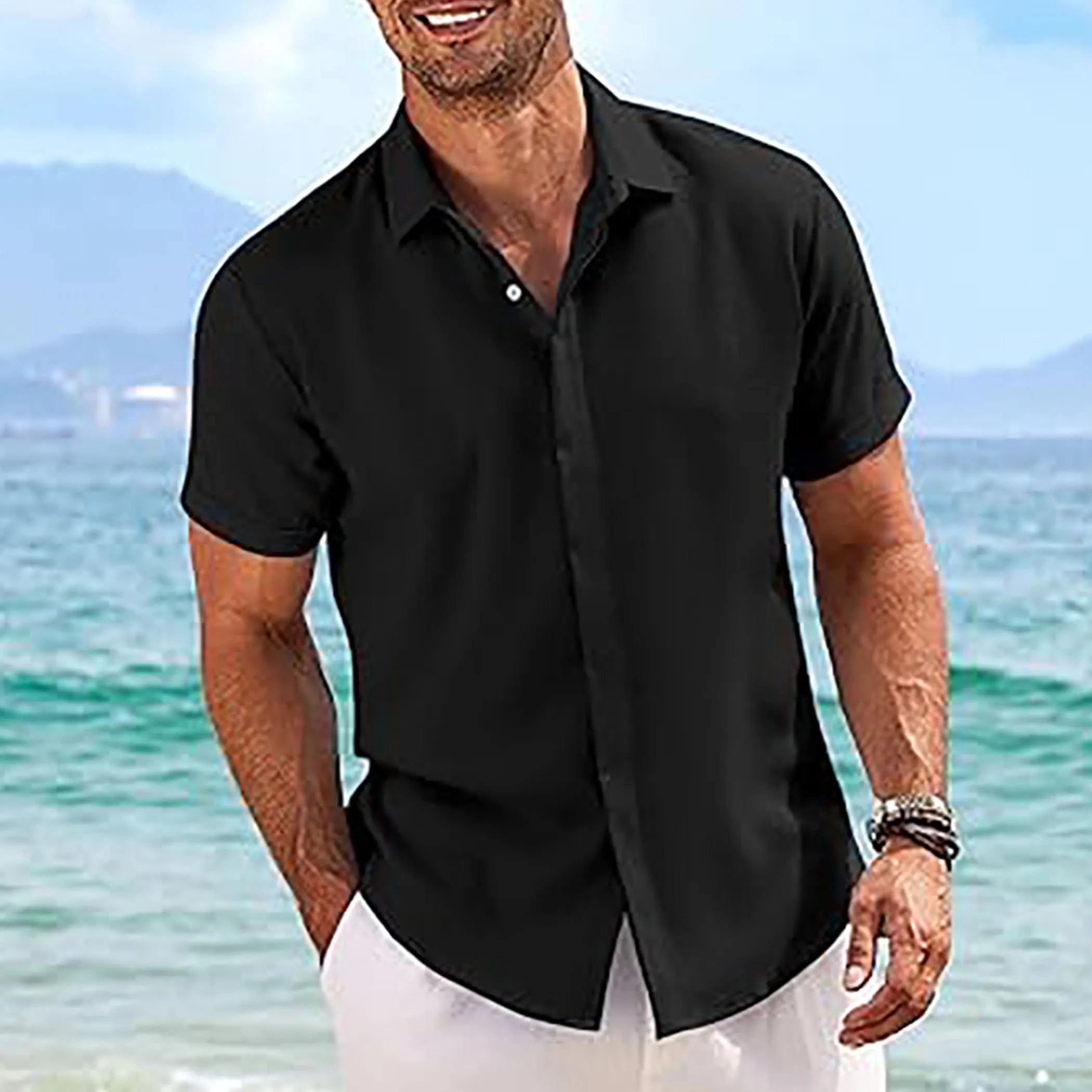 MenLinen Shirt Short Sleeve Button Down Casual Summer Beach Wedding Shirt Loose Fit Cotton Linen Solid Color Tops