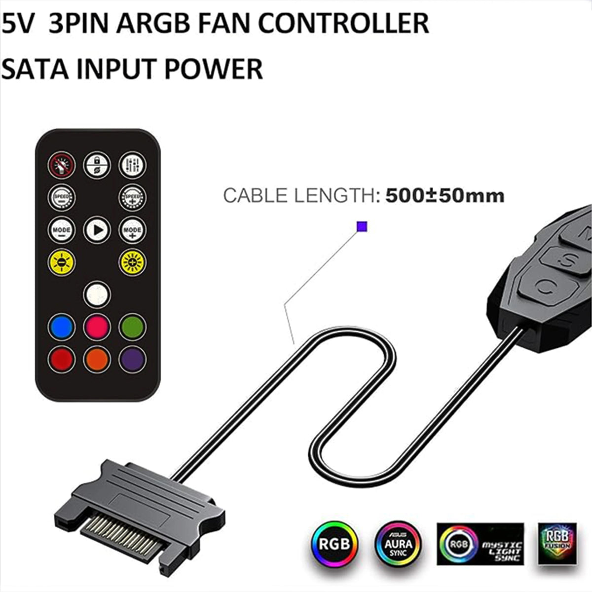 Computer Case ARGB Controller Kit, 5V 3PIN to SATA Power Supply, Aura PC ARGB Light Control Module, with 17-Key Remote Control