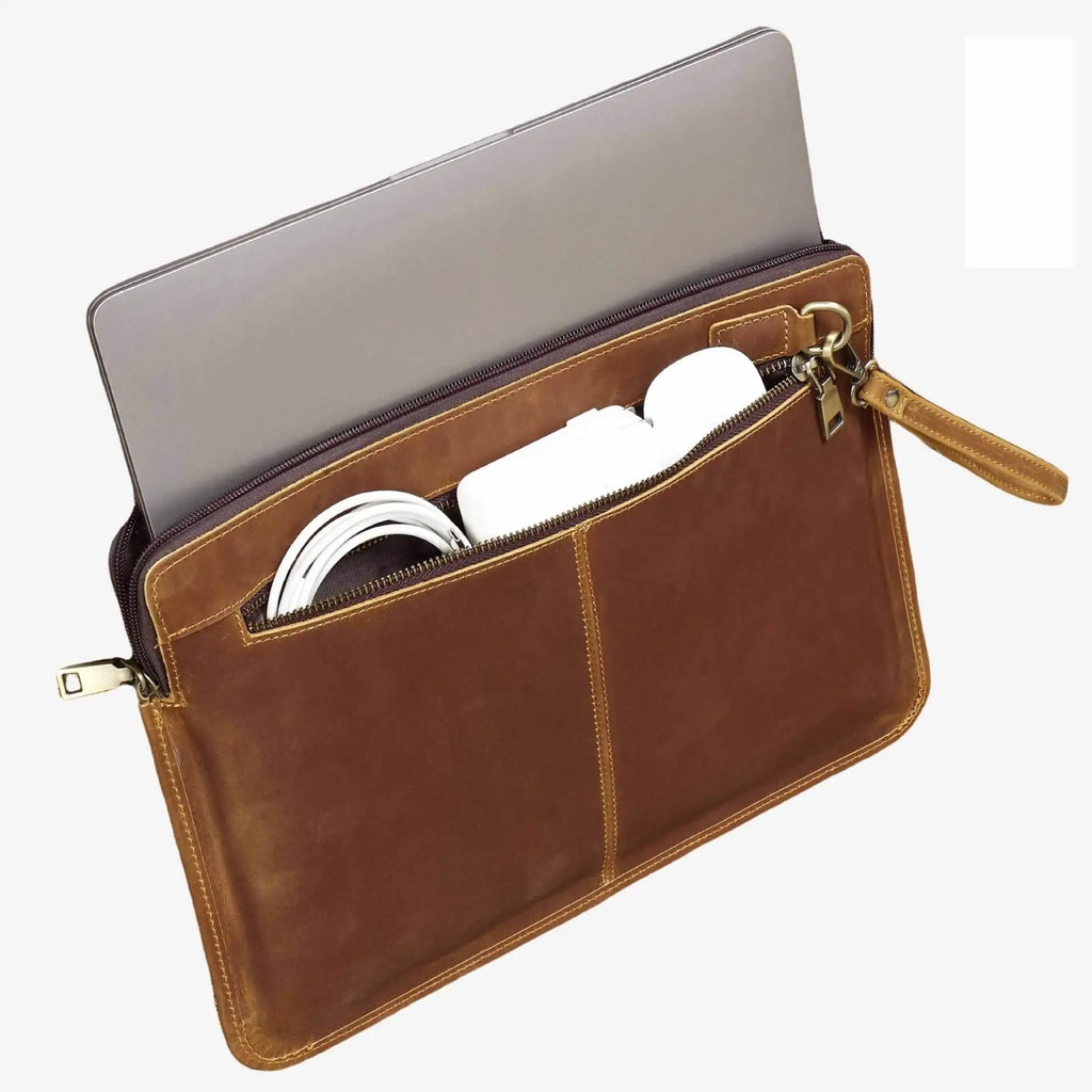 Elegant Handmade Genuine Leather Laptop Sleeve Office Work Business Travel Messenger Pouch Covers Protective Case Bag