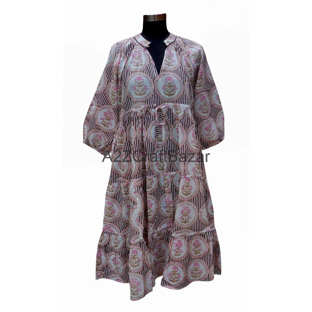 Women's Handmade Loose Casual Daily Breathable Dry Cleaning Vintage Midi Dress Block Printed Floral Pattern 3/4 Cotton Natural