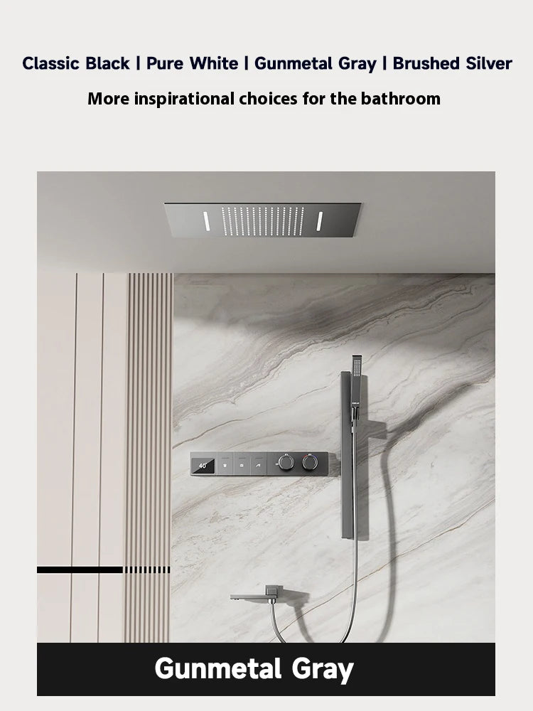 630×330mm Ceiling Thermostatic Shower System Concealed Brass Rainfall Waterfall 4 Function Digital Display Anti-Scald Bathroom S