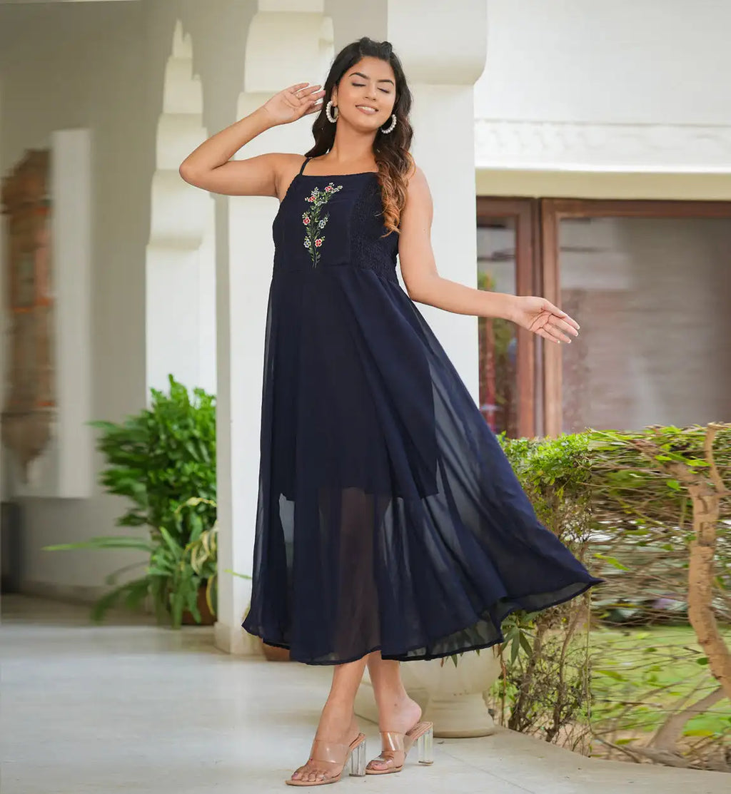 Blue solid smoking embroidered georgette a-line dress women with sleeveless design and square neck crafted soft flowing fabric