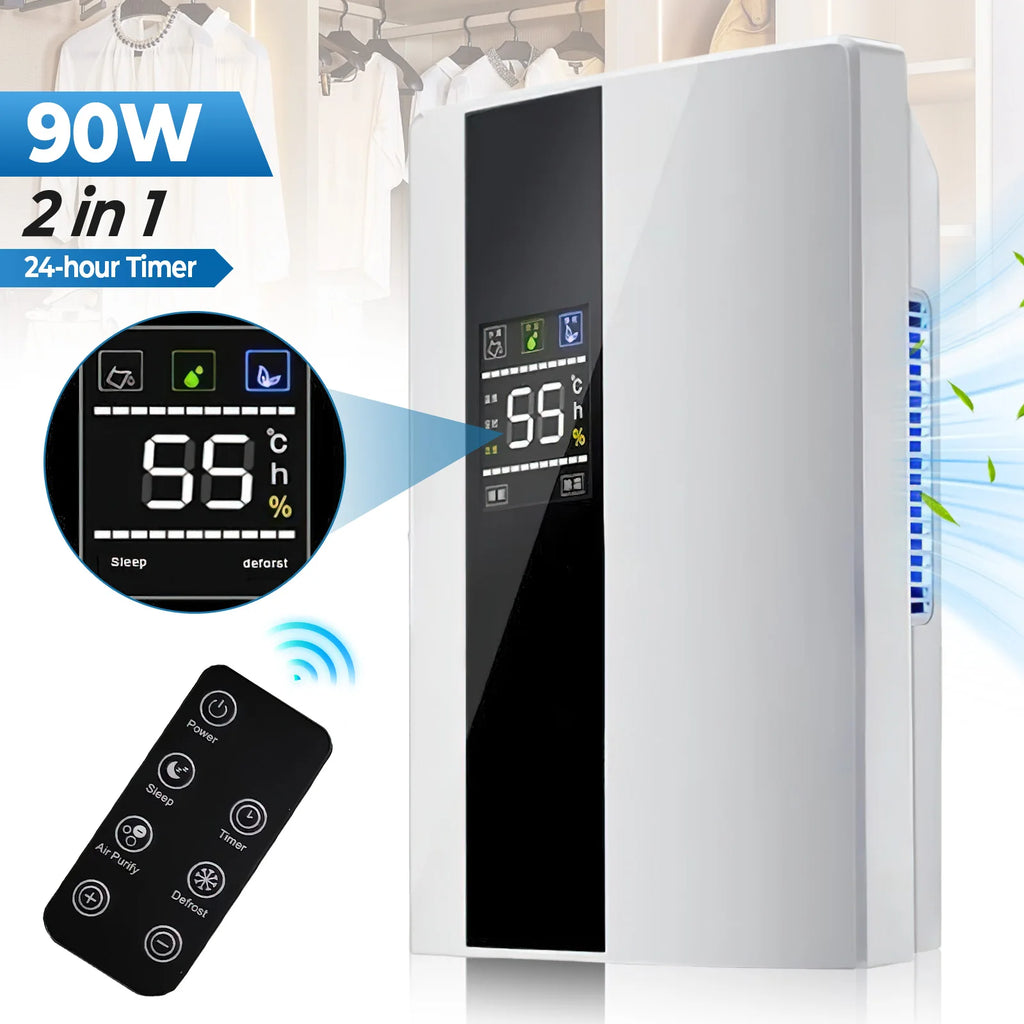 90W Portable Premium 2-in-1 Dehumidifier & Air Purifier Ultra-Quiet for Home Room & Kitchen Remote Control with Timing Timer