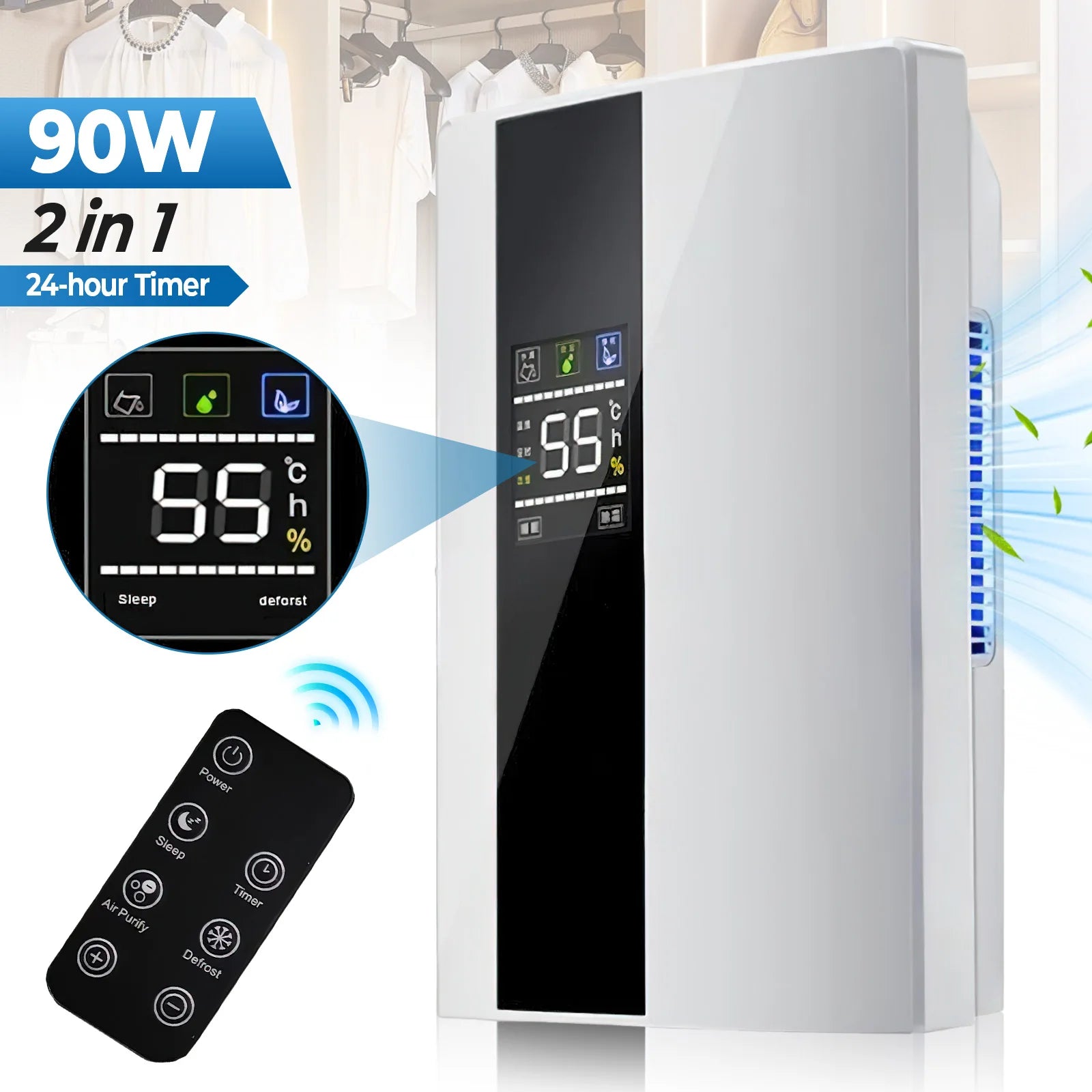 90W Portable Premium 2-in-1 Dehumidifier & Air Purifier Ultra-Quiet for Home Room & Kitchen Remote Control with Timing Timer