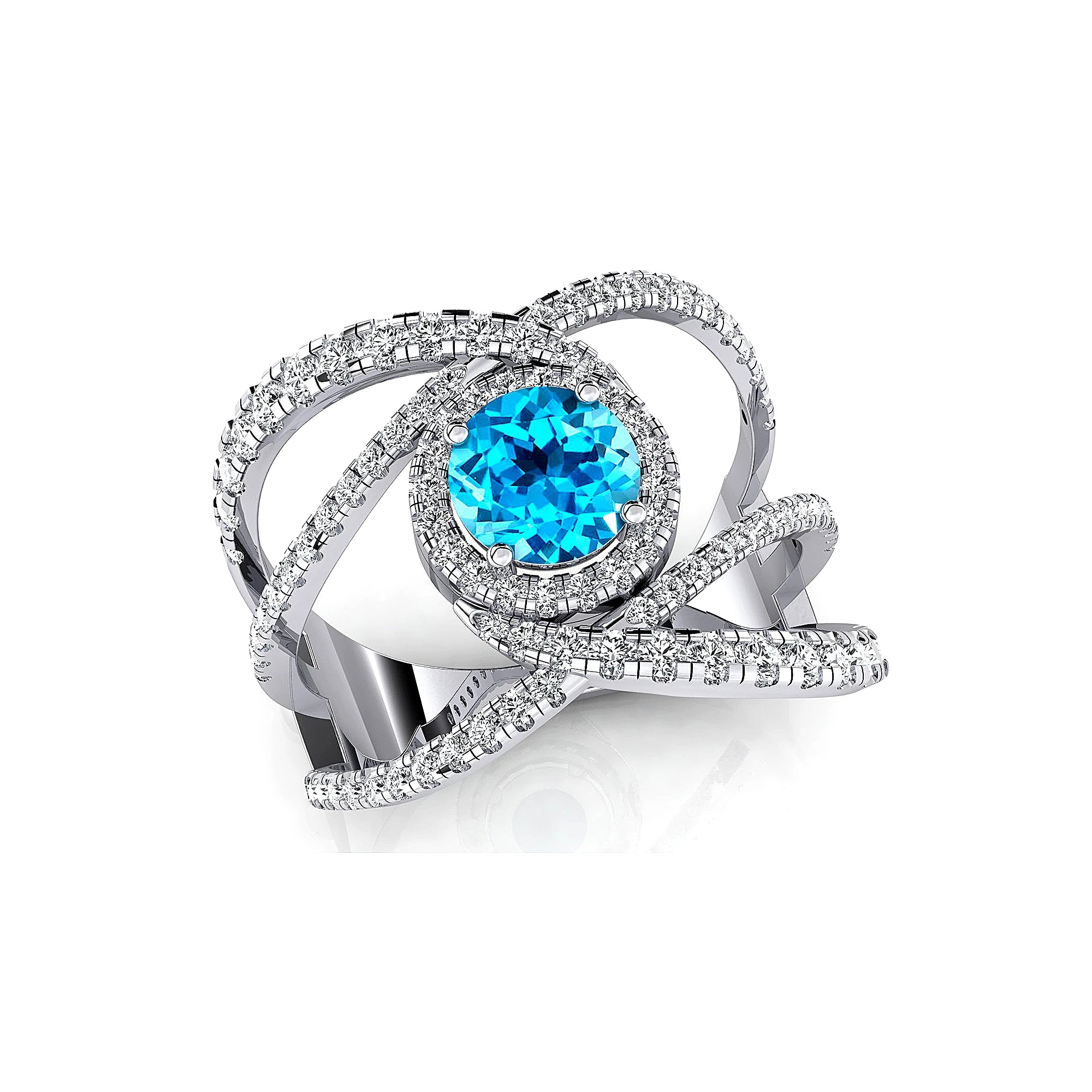 18k Solid Gold Rings Swiss Blue Topaz Gemstone Certified Diamonds Rhodium Plated Classic Party Gift Women's Engagement Halo Ring