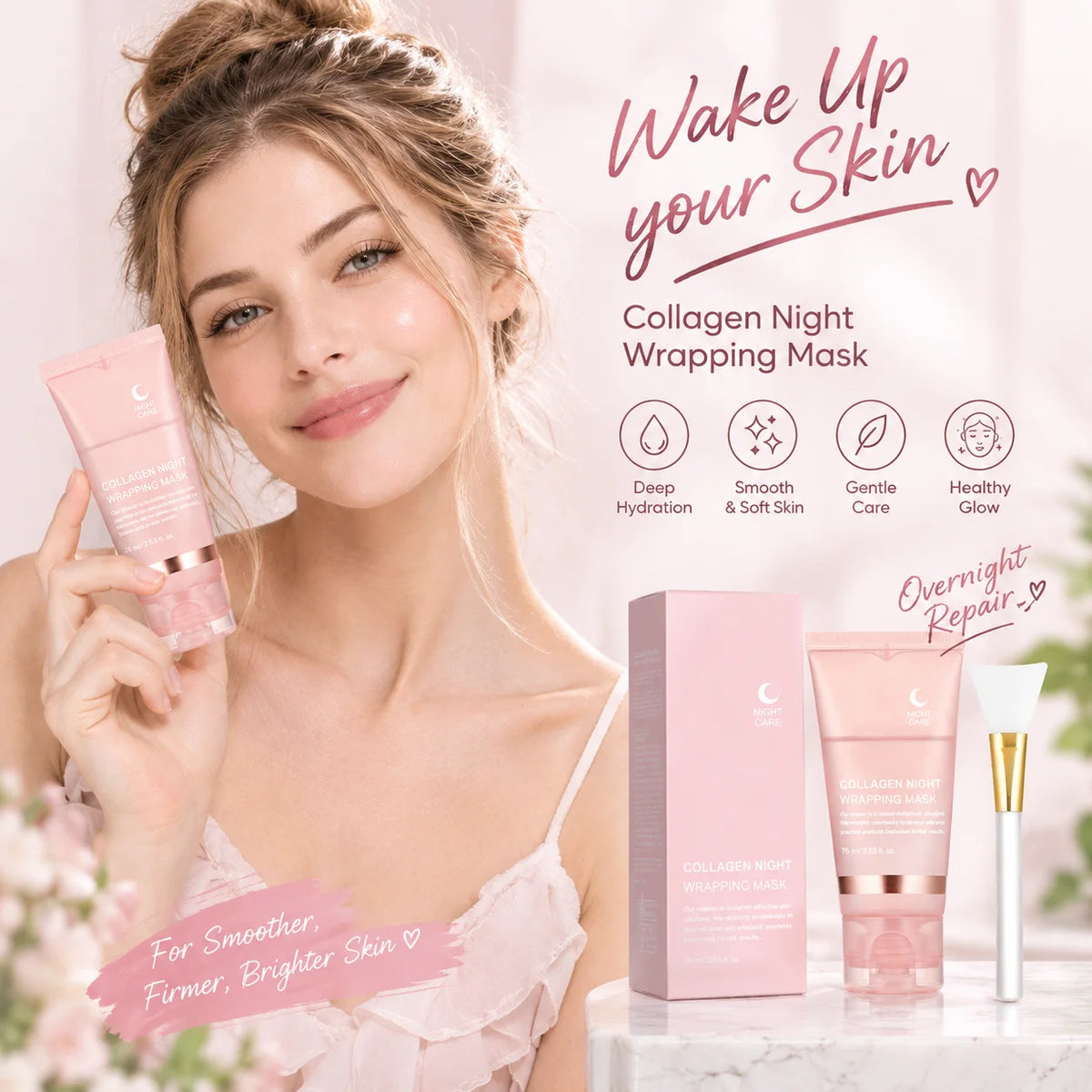 Collagen Night Wrapping Mask Deep Hydrating Firming Brightening Overnight Facial Skin Care Night Wrapping Mask with Brush 75g