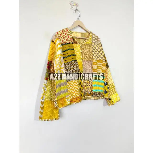 Handmade Floral Quilted Indian Cotton Jacket for Women Reversible Stripe Coat Long Length Breathable Knitted Party Wear Gift