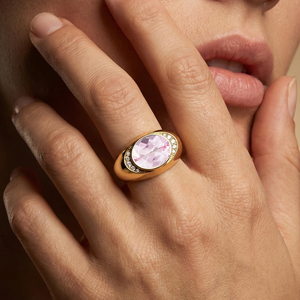 18k Solid Gold Rings Natural Morganite Gemstone With Real Diamonds Classic Wedding Ring Rhodium Plated Jewelry Gift For Mother