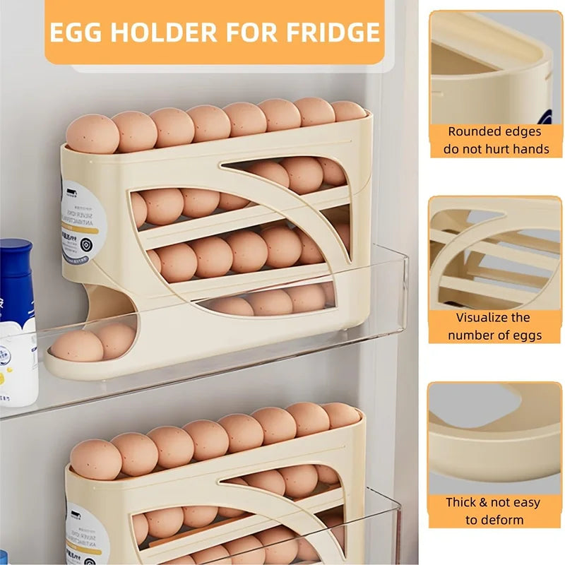 4-Tier Sliding Egg Dispenser, Automatic Rolling Shatterproof Holder For Fridge & Countertop, Easy-Clean, Washable,Space-Saving Refrigerator Side Door Storage Rack For Kitchen Organization,Egg Storage