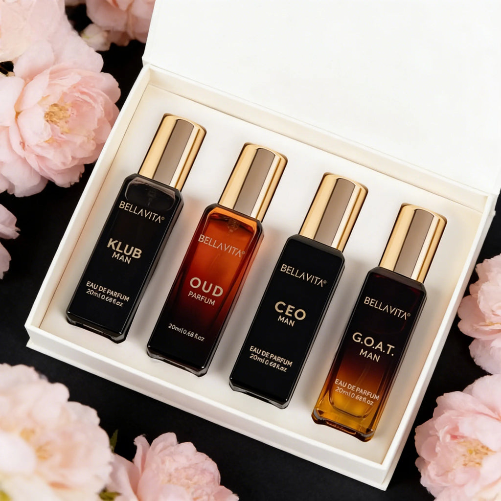 Bellavita Luxury Men's Perfume Gift Set with CEO Man, GOAT, Klub, and Oud 80ml Perfume for Men Lavender, Patchouli, Lemon, and Caramel Notes Long Lasting Men's Fragrance