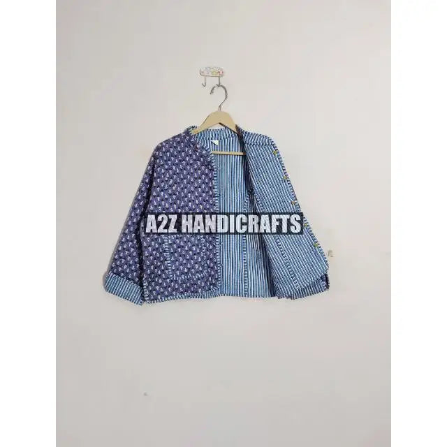 Indian Hand Block Print Cotton Quilted Jacket for Women New Style Breathable and Woven with Pocket Decoration for Autumn