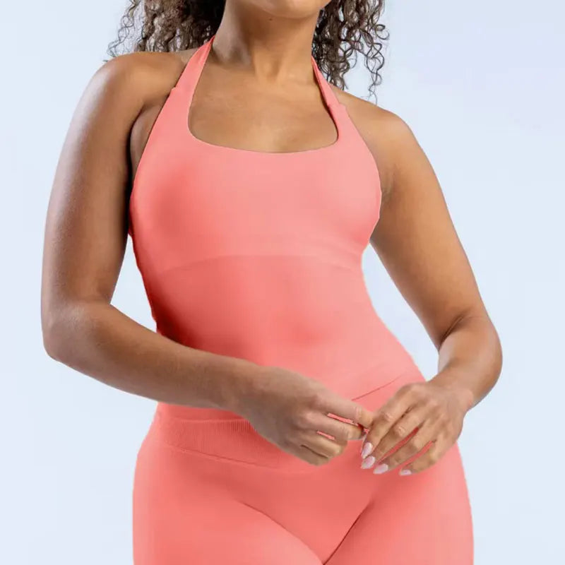 3DF- Women Halter Neck Yoga Set Seamless Sports Bra High Waist Shorts Gym Workout Fitness Activewear Outfit Set