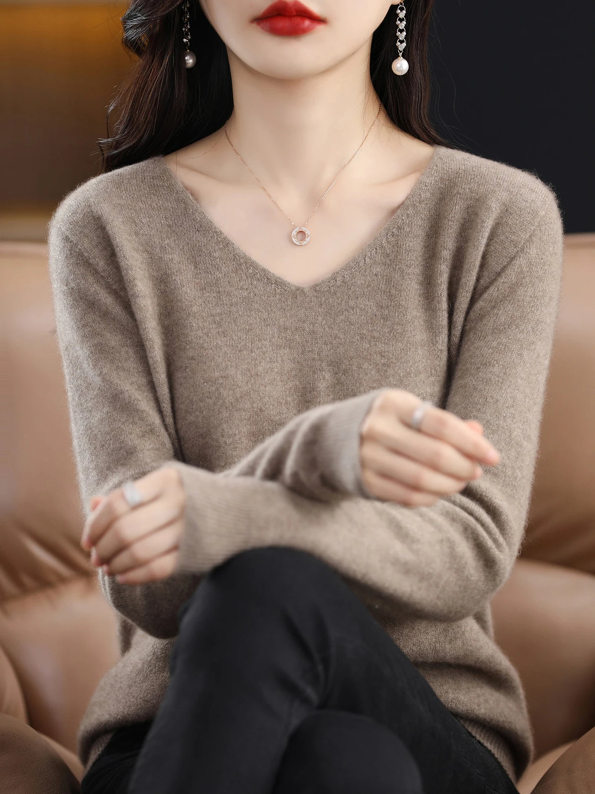 Sweater for Women 100% Merino Wool V Neck Sweater Fall Winter Basic Warm Pullovers Long Sleeve Soft Knit Jumpers Female Clothing
