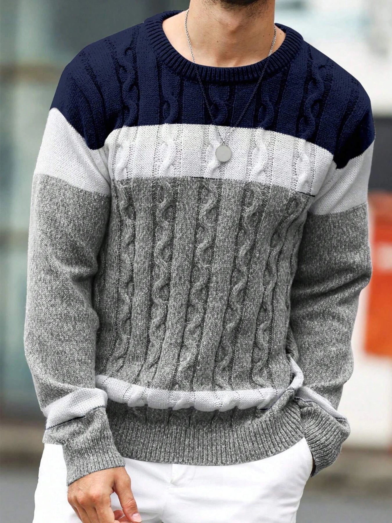 New Autumn And Winter Men's Contrasting Color Round Neck Pullover Loose Sweater Trendy Casual Warm Knit Comfortable Base Sweater