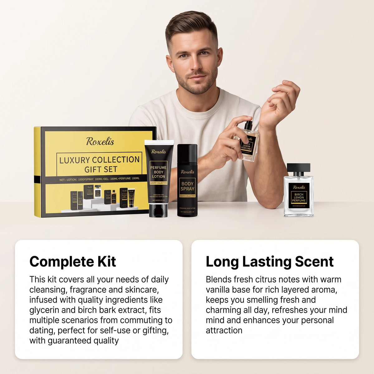 Roxelis Men's Fragrance Gift Box Deep Cleansing Moisturizing Long Lasting Fresh Charming Skincare Set Gentlemen Gift Collection