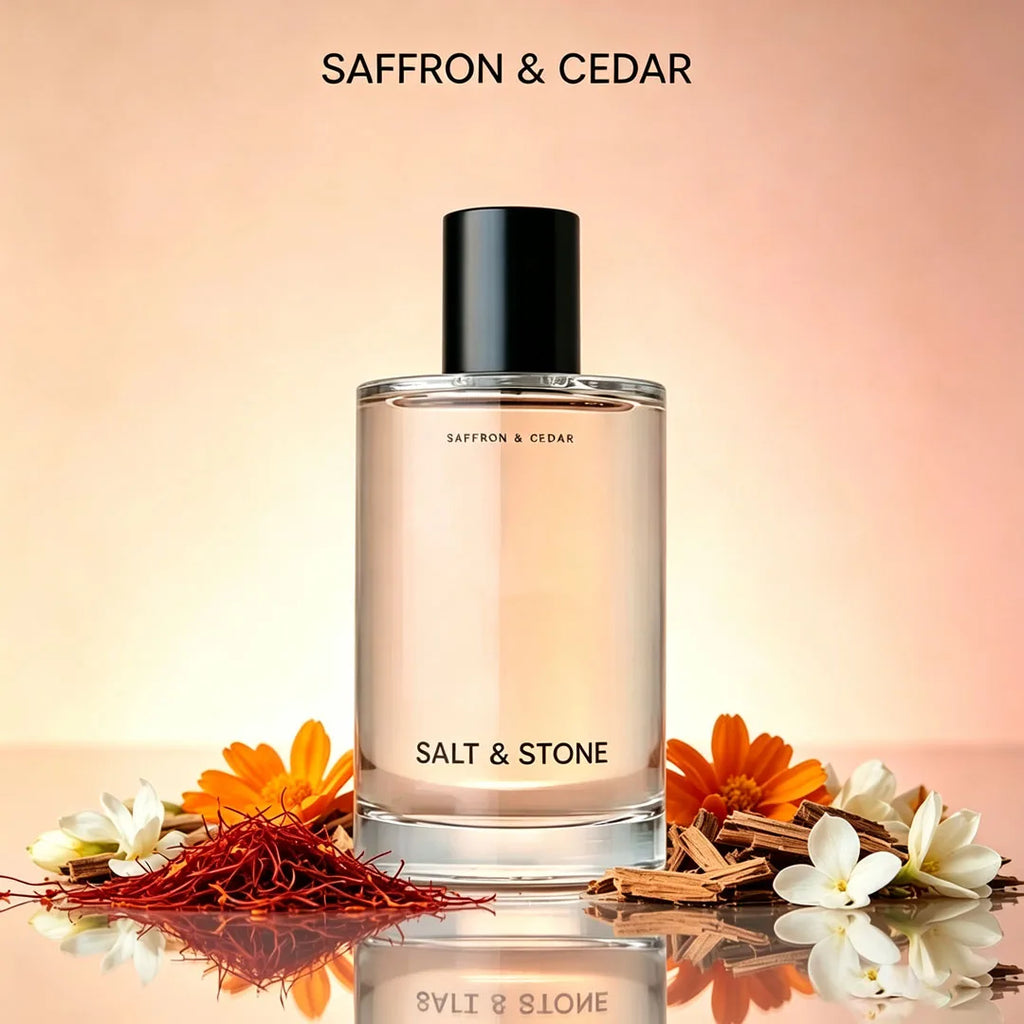 Saffron & Cedar SALT & STONE Women 100ml 3.4Oz Woody Spicy Perfume, Eye-catching Complex Scent Suitable for All Seasons, Sweet Sugar Cane Cedarwood Base
