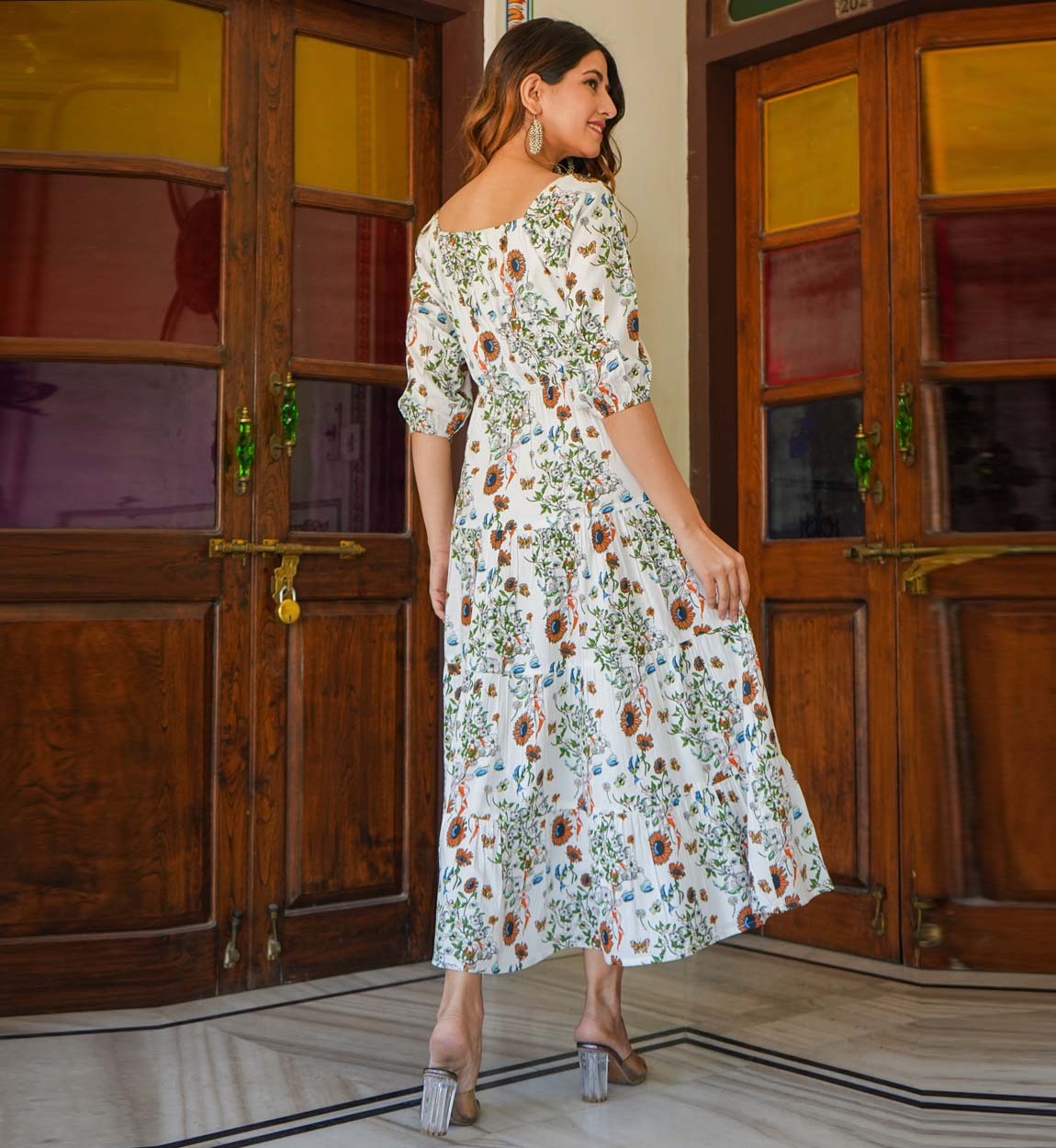 Wholesale Formal White Floral Printed Rayon Tiered Dress for Women square Neck Three-quarter Sleeves High Quality Elegant Summer