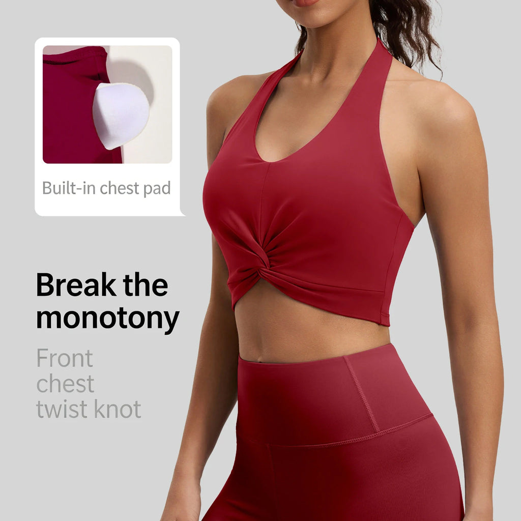 Twist Front Halter Sports Bra with Built-in Pads, Cropped Yoga Tank for Women, Breathable Fitness Workout Top