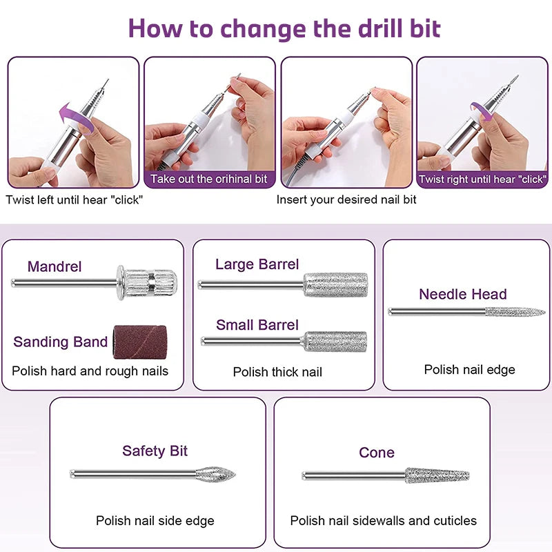 20W 35000RPM Electric Nail Drill Machine Electric Manicure Machine Drills Accessory Pedicure Kit Ceramic Nail Drill Bit Tools
