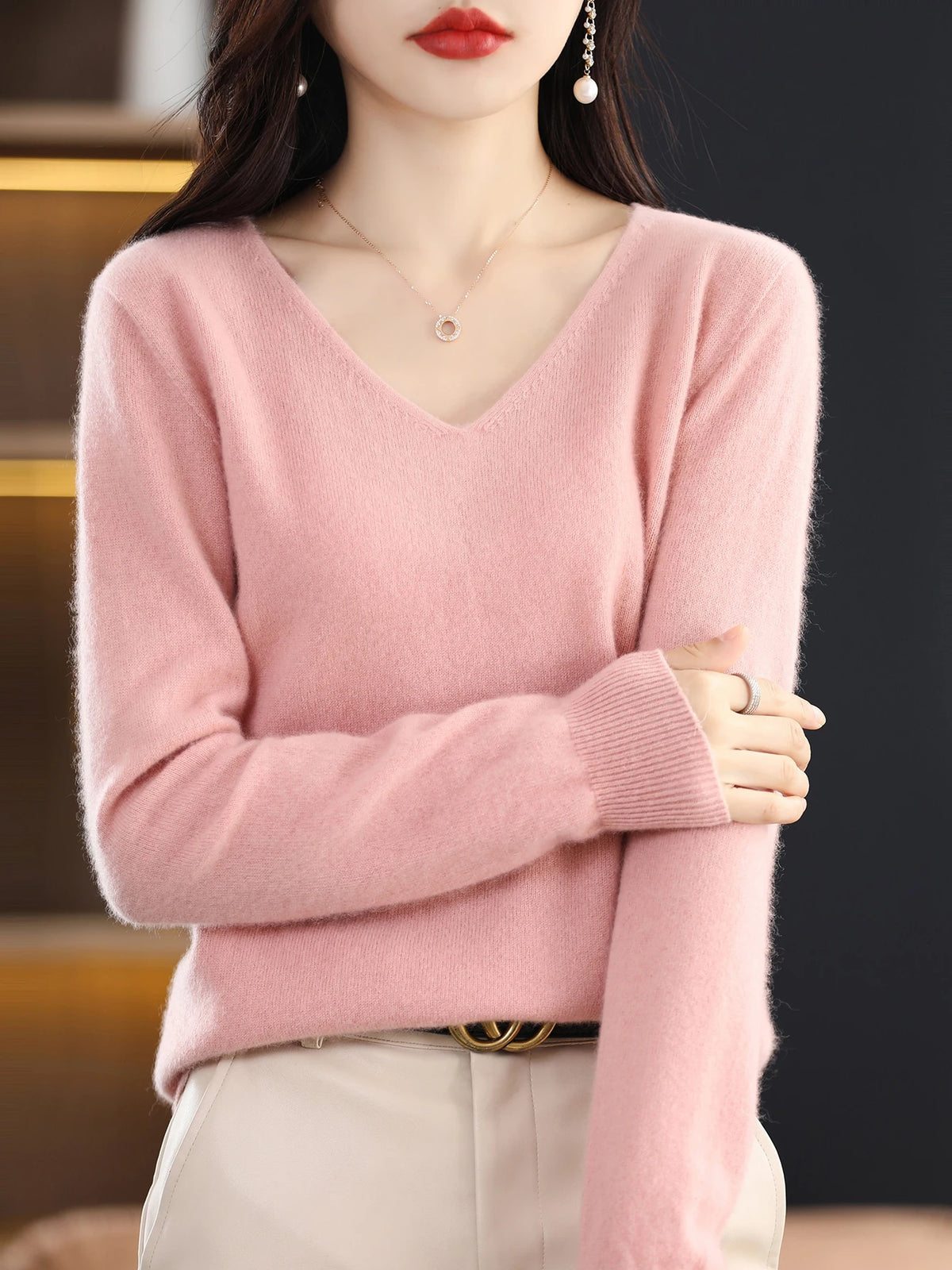Sweater for Women 100% Merino Wool V Neck Sweater Fall Winter Basic Warm Pullovers Long Sleeve Soft Knit Jumpers Female Clothing