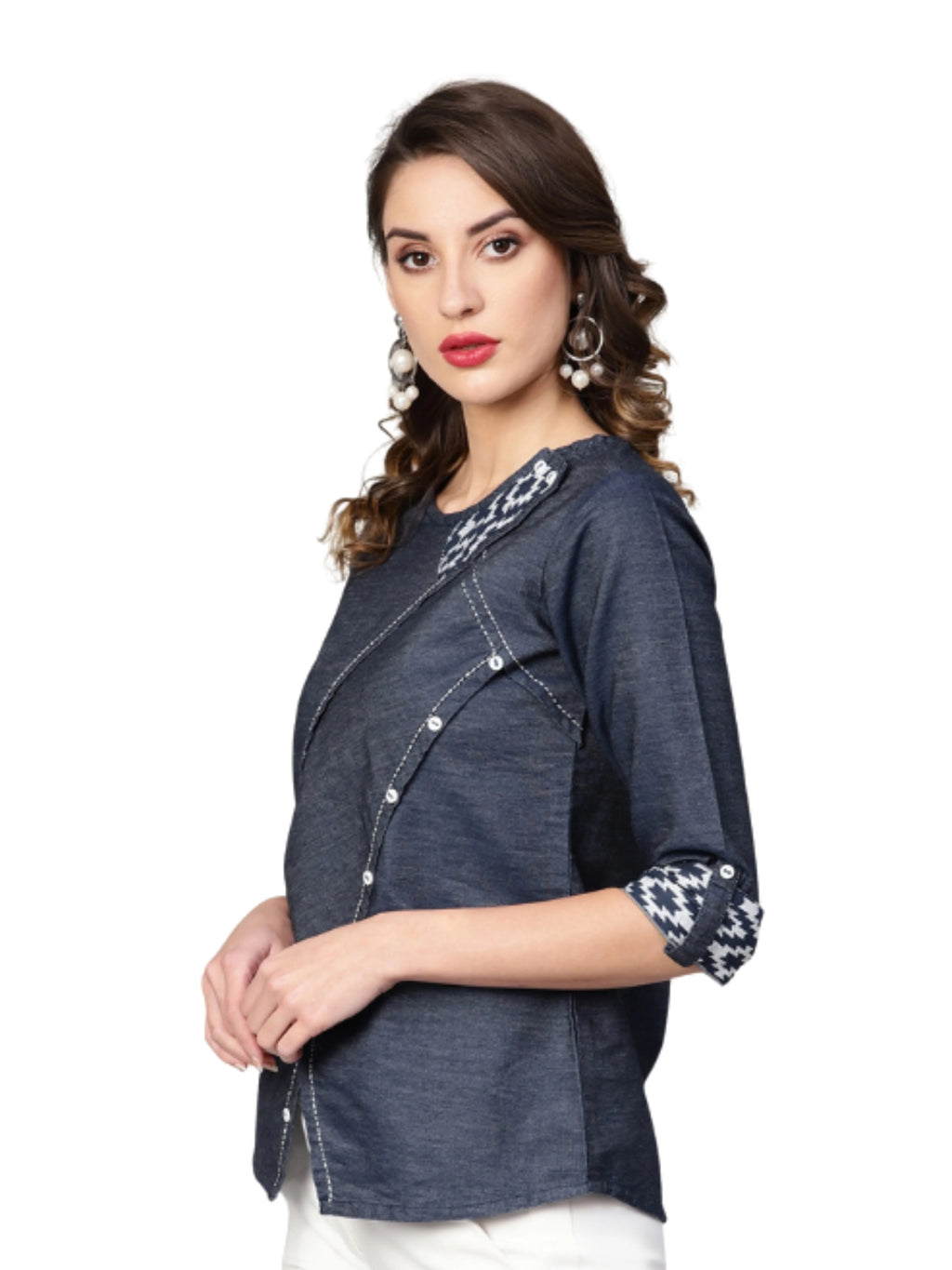 Blue Denim Regular Top Neckline Three Quarter Sleeves Customized Size Simple Formal 2-Piece Summer Set 100% Cotton Pattern