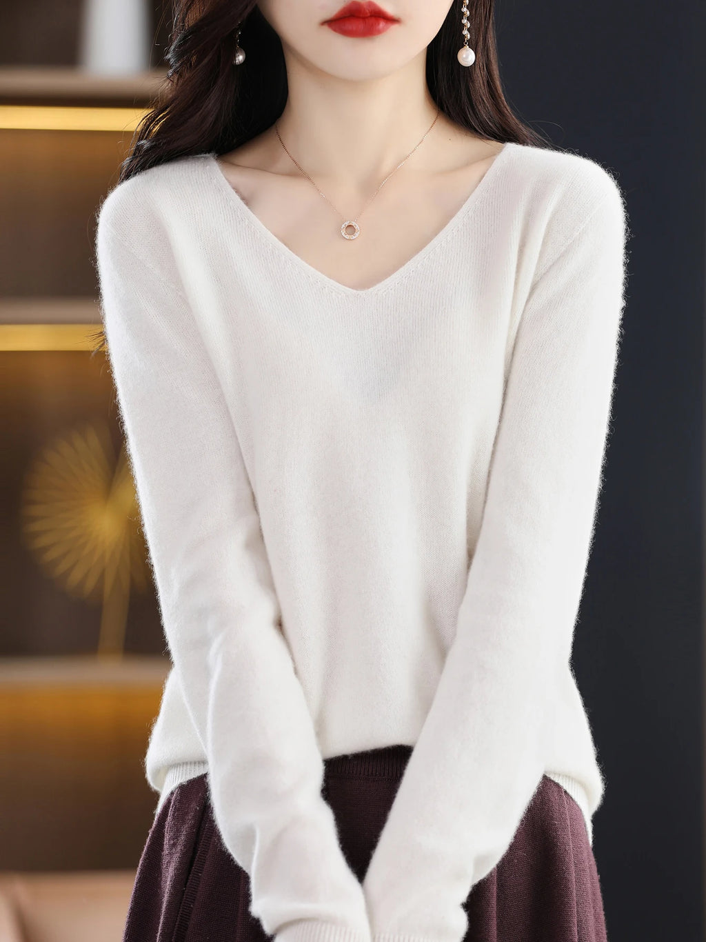 Sweater for Women 100% Merino Wool V Neck Sweater Fall Winter Basic Warm Pullovers Long Sleeve Soft Knit Jumpers Female Clothing
