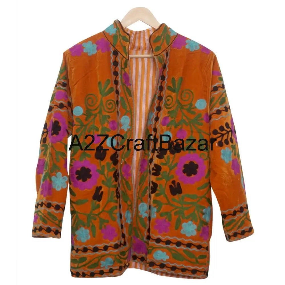 Handmade Breathable Printed Embroidered Floral Women Suzani Jacket Indian Velvet Woven Kimono Robe Long Boho Style Autumn Winter