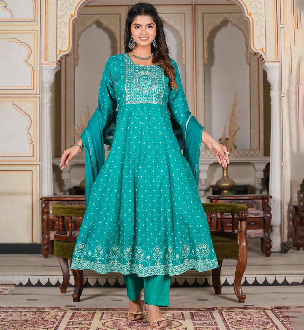 Cotton Casual Ankle-Length Floral Printed Anarkali Kurta Lehriya Printed Palazzo Dupatta for Women Eco-Friendly Quick Dry