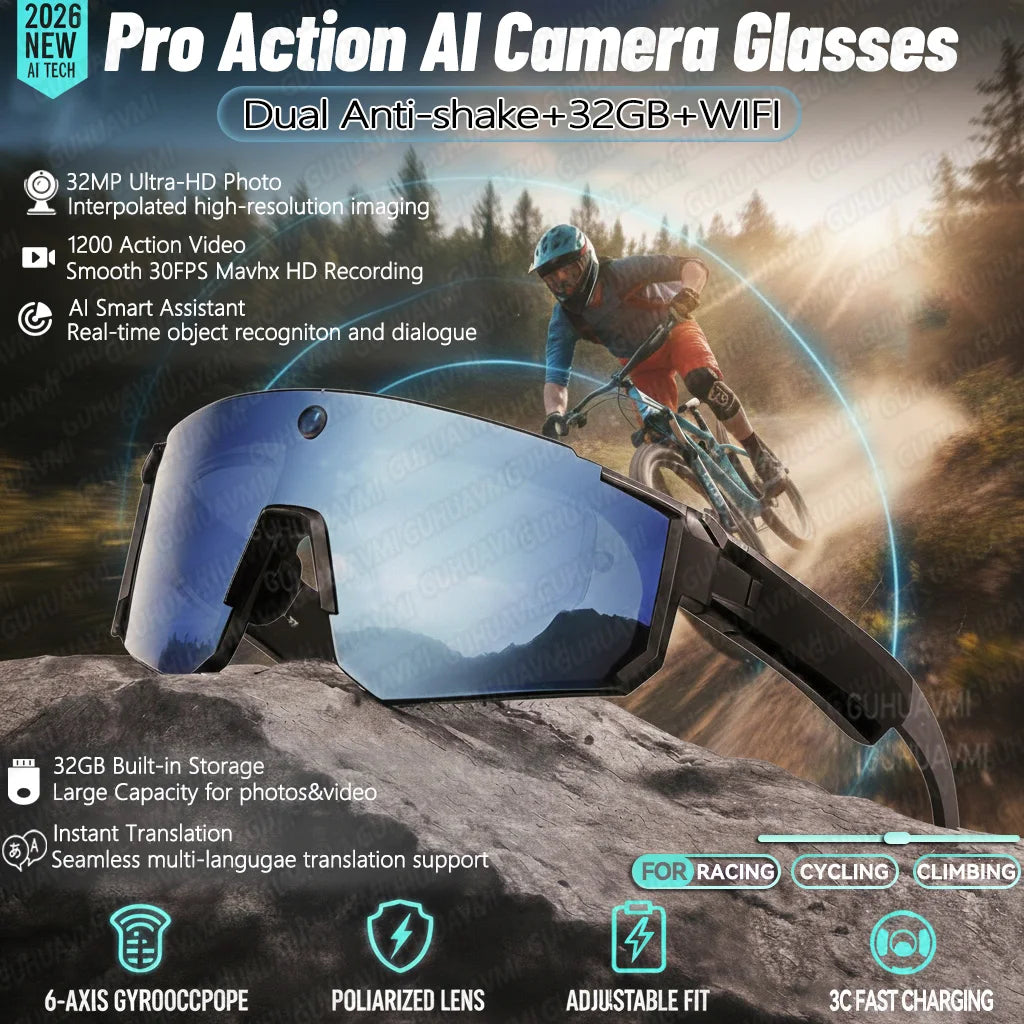New AI smart shooting&recording glasses with 800W camera, HD anti-shake bicycle riding shooting artifact, windproof goggles 2026