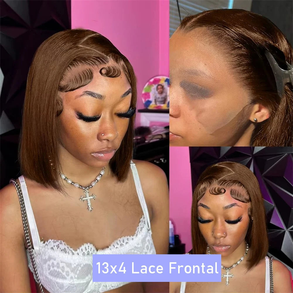 13x4 Human Hair Chocolate Brown Short Bob Lace Front Wig Bone Straight 200% Full Density Transparent Lace Frontal Bob Wigs