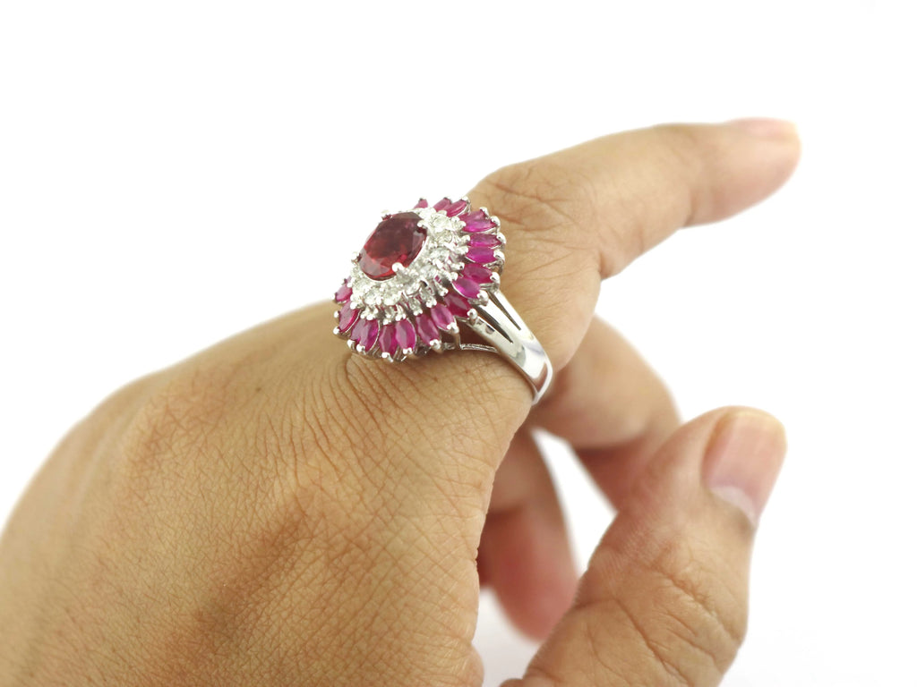 Ruby 925 Sterling Silver Flower Handmade Chunky Halo Anniversary Gemstone Ring For Women