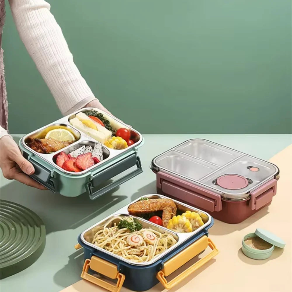304 Stainless Steel Lunch Box with Tableware for Adults Kids Leakproof Lunch Container Portable Grids Bento Box Food Containers