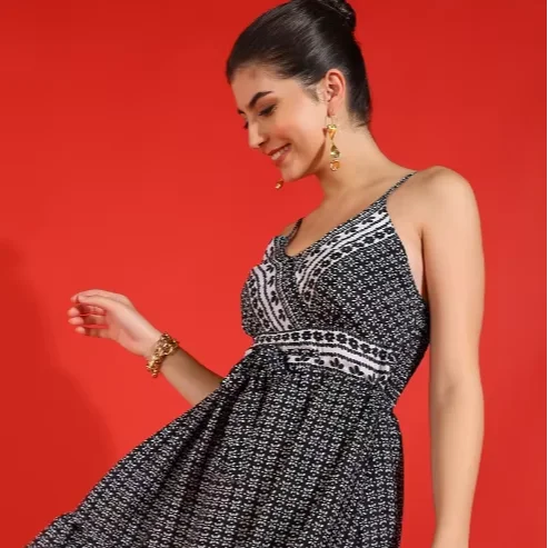 Black Floral Printed Polyester Formal Short Dress for Women One Set Sleeveless V-Neck Flared Fitted Eco-Friendly Summer Wear