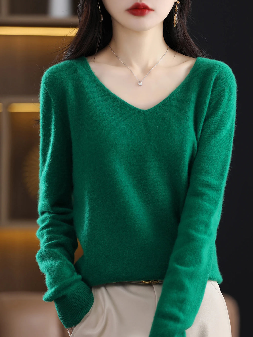 Sweater for Women 100% Merino Wool V Neck Sweater Fall Winter Basic Warm Pullovers Long Sleeve Soft Knit Jumpers Female Clothing