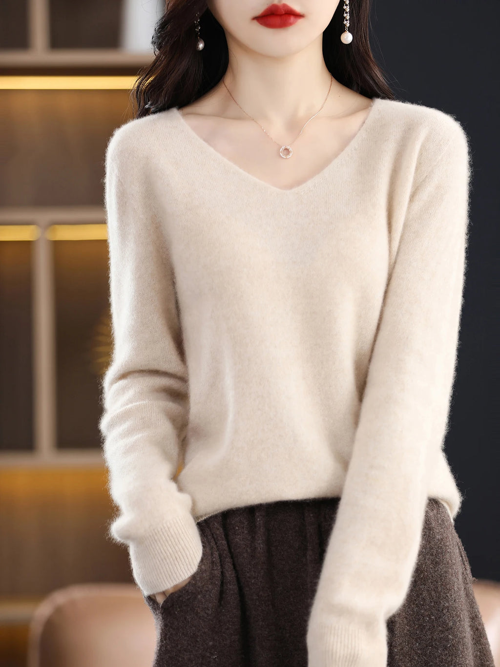 Sweater for Women 100% Merino Wool V Neck Sweater Fall Winter Basic Warm Pullovers Long Sleeve Soft Knit Jumpers Female Clothing