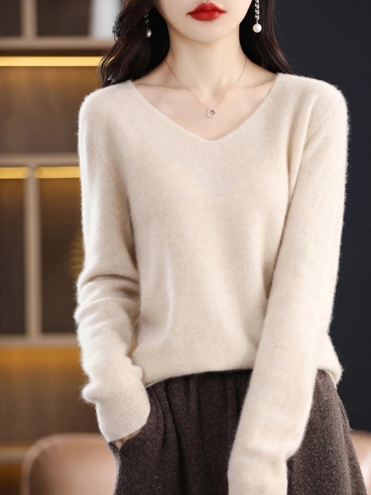 Sweater for Women 100% Merino Wool V Neck Sweater Fall Winter Basic Warm Pullovers Long Sleeve Soft Knit Jumpers Female Clothing