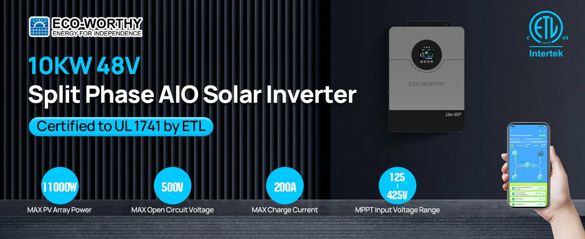 ECO-WORTHY 10KW 48V Off-grid Inverter 120V/220V Split Phase 200A Charger UL1741 forHome Backup, Emergency Power