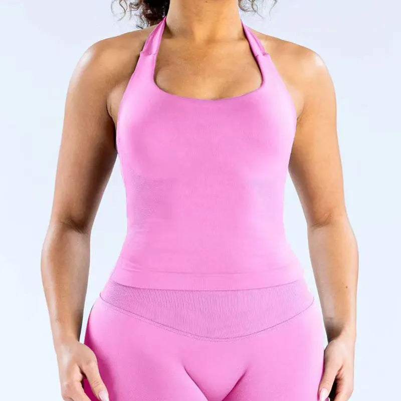 3DF- Women Halter Neck Yoga Set Seamless Sports Bra High Waist Shorts Gym Workout Fitness Activewear Outfit Set